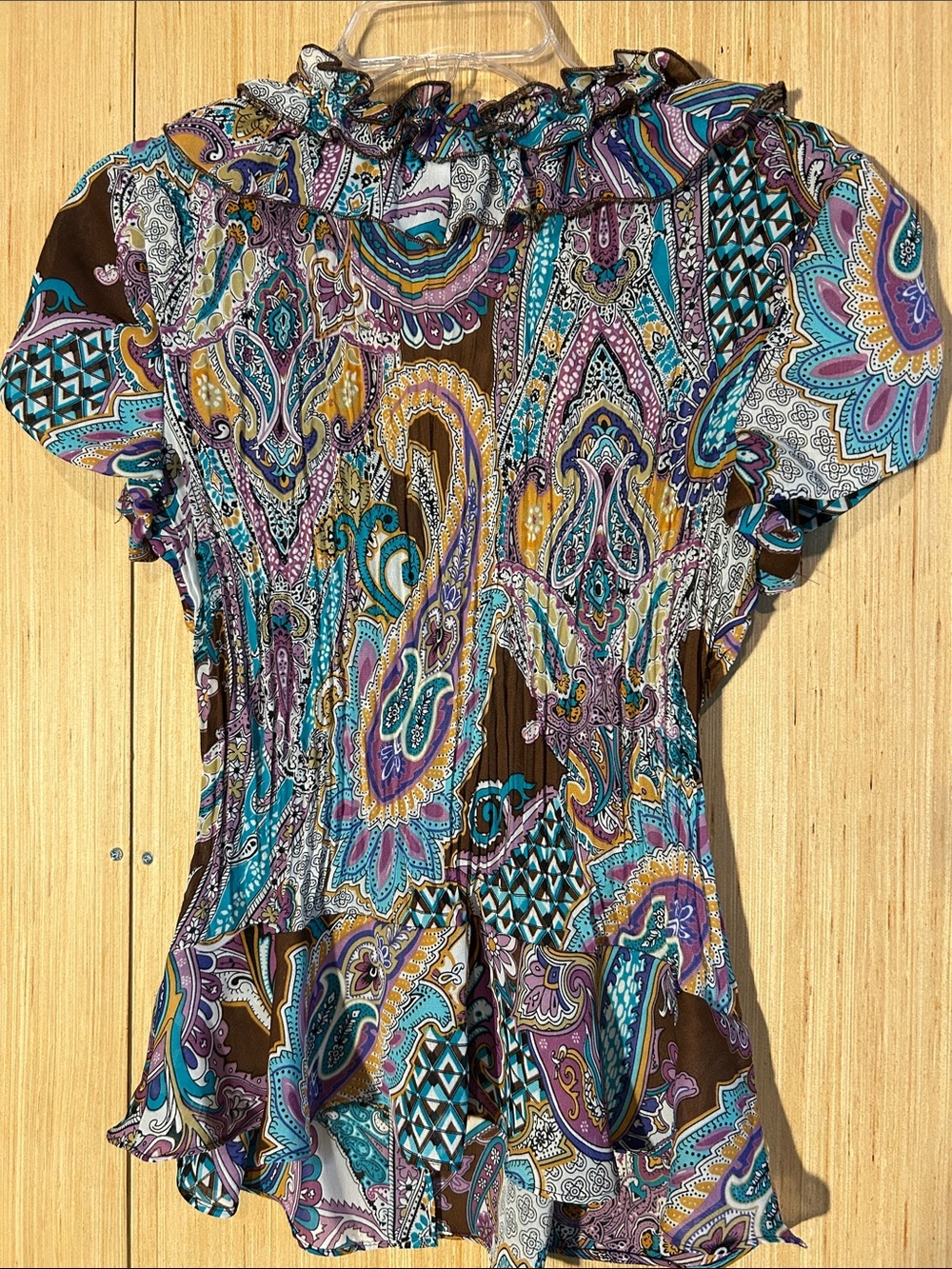 Sunny Leigh Brown Paisley Ruffle V-Neck Blouse with Turquoise and Purple Accents - Picture 3 of 3